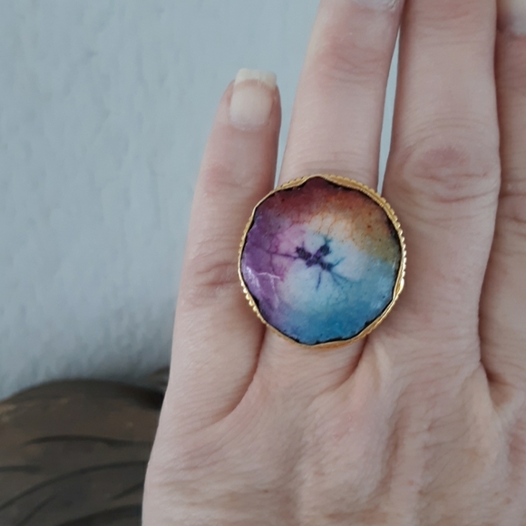 New Gold Plated Rainbow Solar Quartz Stamped Ring. - Picture 7 of 8